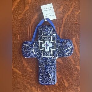 Handmade Blue and White Cross Ceramic Art Piece With Message
